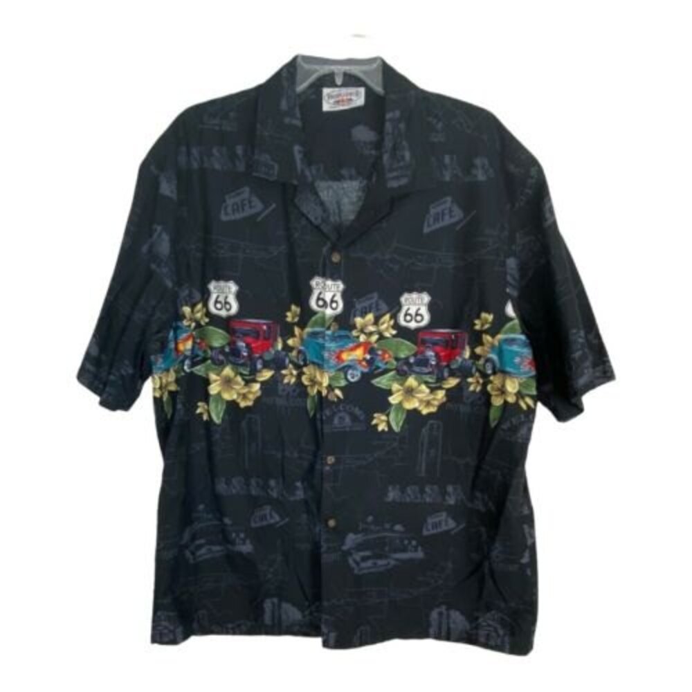 Hawaiian Mens Shirt Button Up Size XL Black Floral Route 66 Short Sleeve Pacific